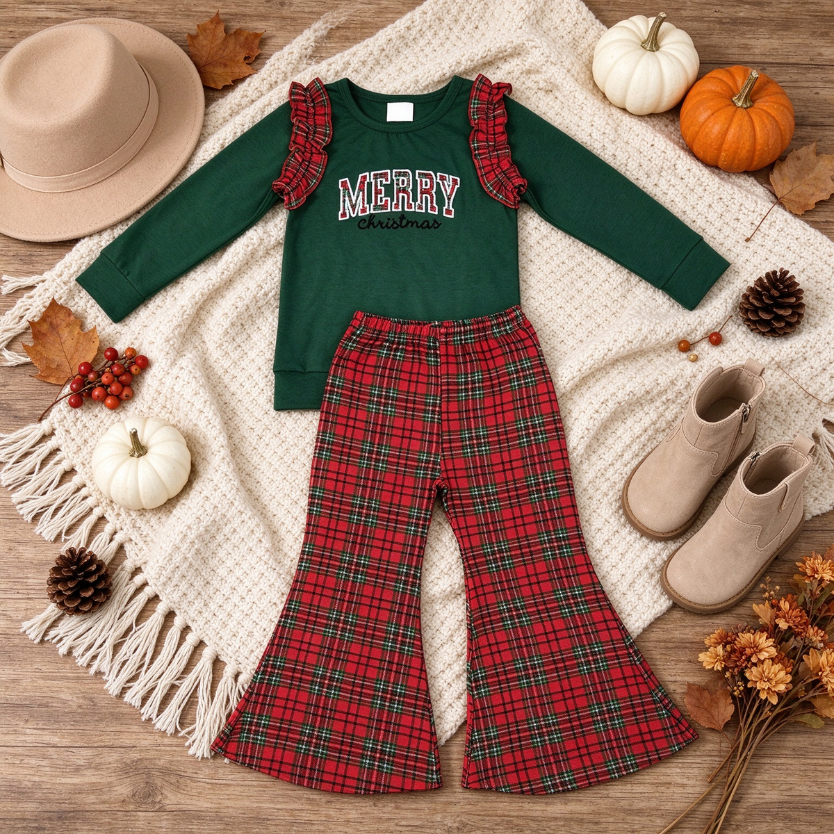 NEW RTS NO MOQ milk silk GLP3595 Embroidery Baby Girls Green Red Checked Top Flare Pant Outfit