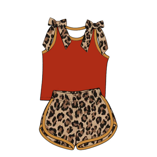 custom moq 5 mix size Baby Girls Leopard Bow Sleeveless Red Top Leopard Shorts Summer Casual Outfit Set