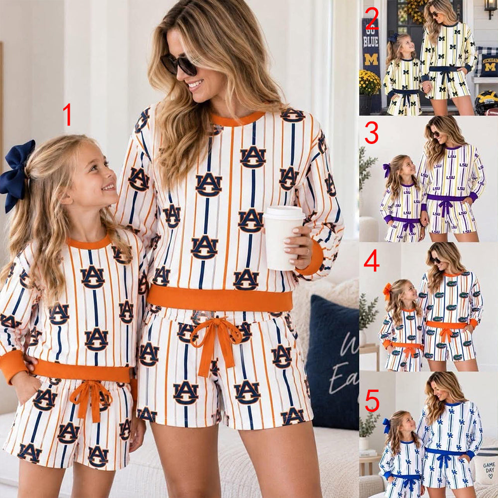 custom moq 5 mix size ASHLEYLM0103 Baby Kids Letter Stripe Print Long Sleeve Top And Shorts Team Set