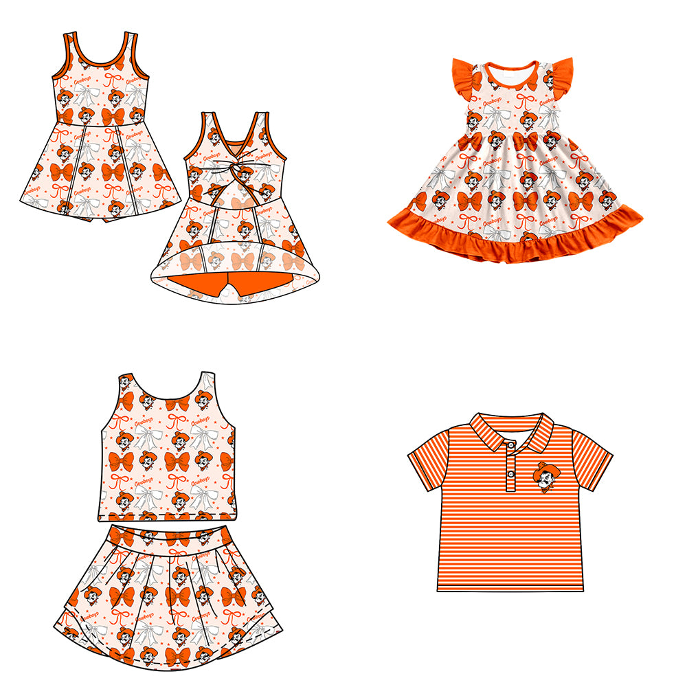 Custom moq 5 mix size milk silk summer teams baby girls clothes team bow orange sleeveless skirts sets and dress 1 and dress 2 and top-25.6.23