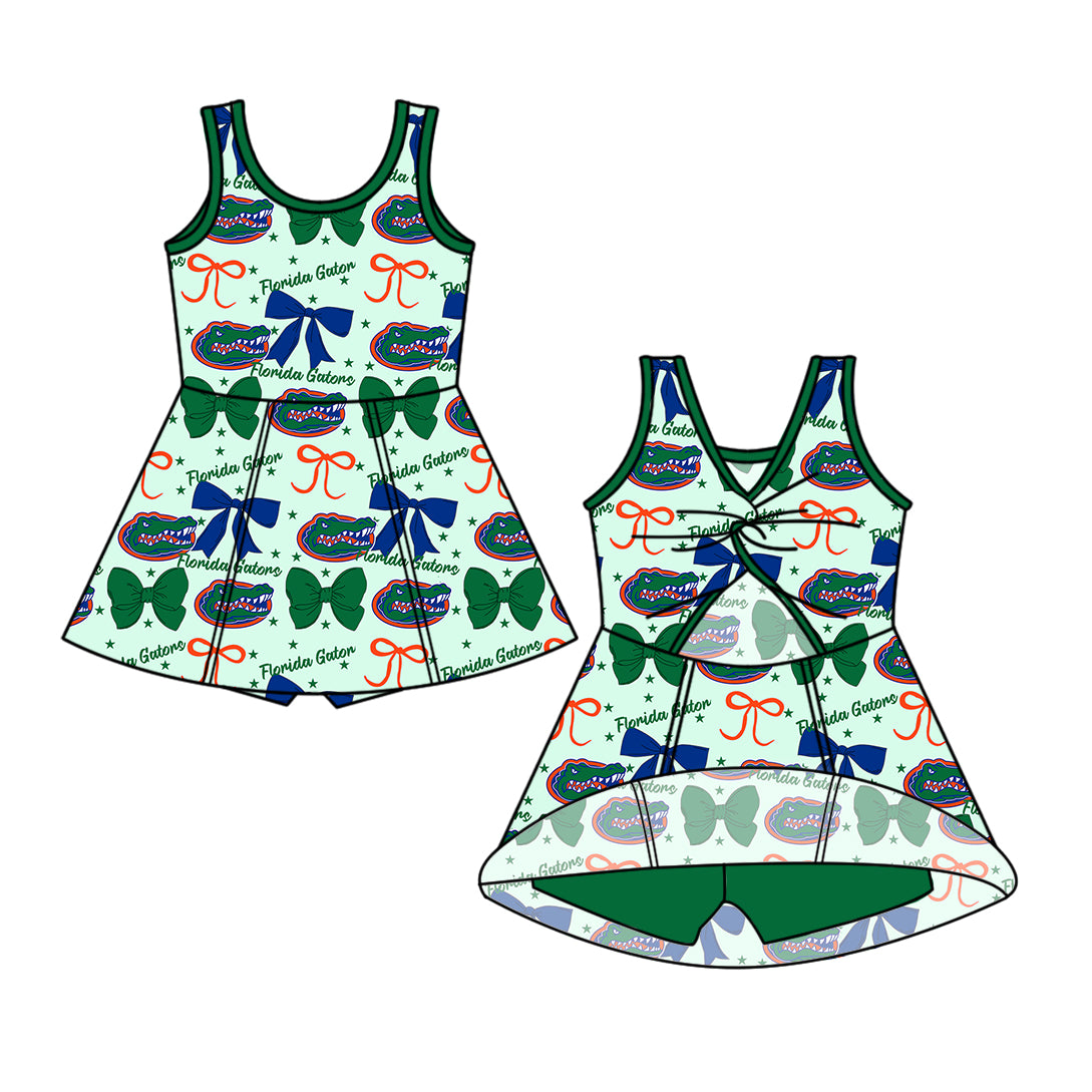 Custom moq 5 mix sizes summer teams baby girls clothes team baseball bow green sleeveless skirt shorts dress-25.6.14