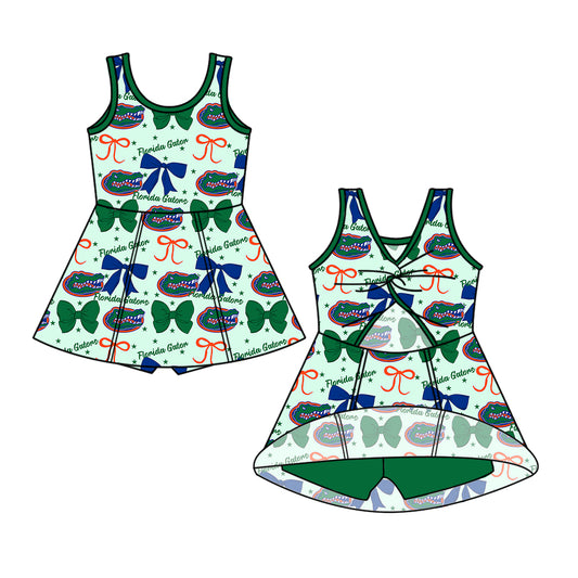 Custom moq 5 mix sizes summer teams baby girls clothes team baseball bow green sleeveless skirt shorts dress-25.6.14