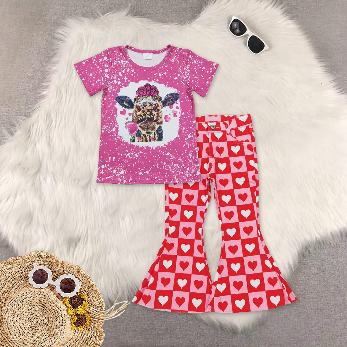 RTS NO MOQ（In Stock) baby girls clothes rose red short-sleeved top demin pants set