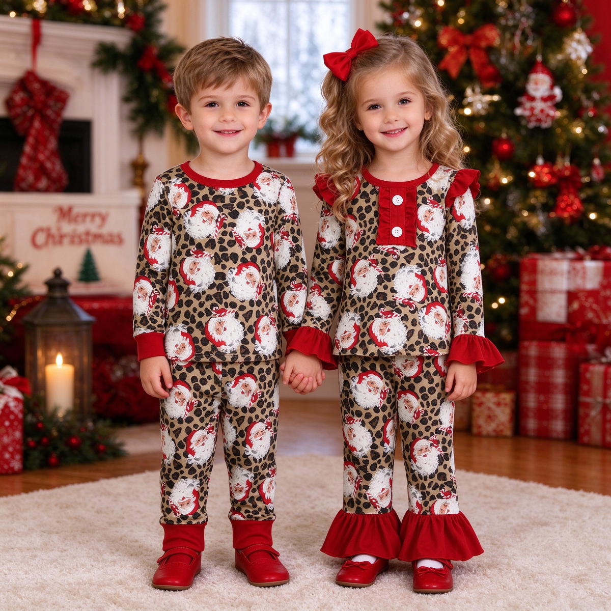 Baby Kids Christmas Leopard Santa Collection - Red Trim Pajama Set & Ruffle Button Set