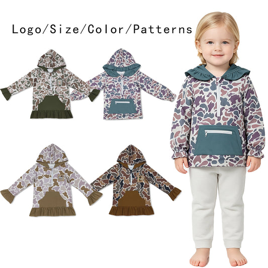 RTS NO MOQ Sibling milk silk Embroidery Baby Girls Camo Half Zip Long Sleeve Hooded Ruffle Hem Top