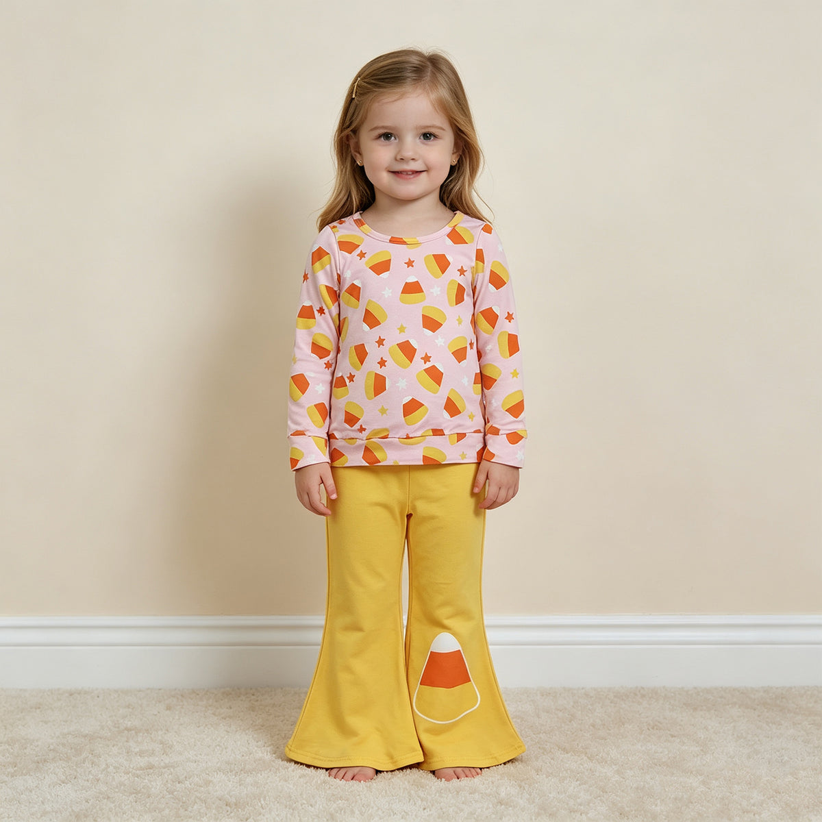 NEW RTS NO MOQ milk silk GLP3535 Baby Girls Pink Print Long Sleeve Top Yellow Flare Pants Halloween Set