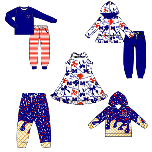 Custom moq 5 mix size milk silk summer teams baby girls clothes bow blue purple hooded long sleeve pants sets and boy sets and dress and hooded top and pant-25.8.14