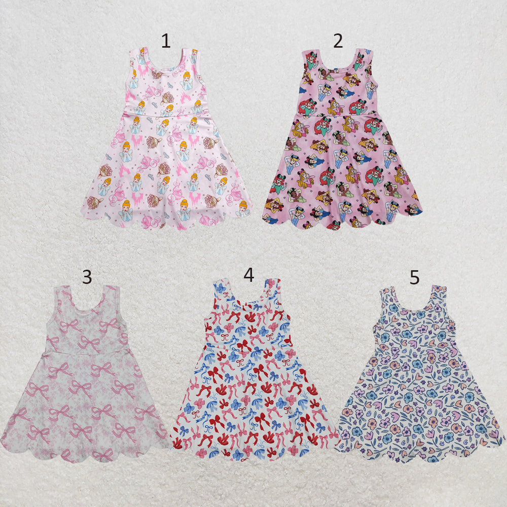 RTS NO MOQ Sibling yoga fabric Baby Girls Bow Scallop Trim Knee Length Athletic Short Dress