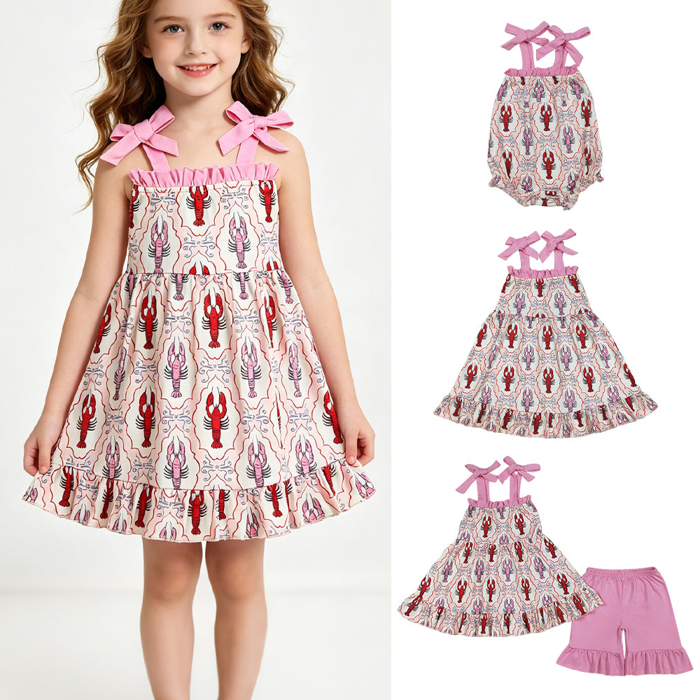 RTS NO MOQ Sibling Baby Girls Checked Strap Bows Crayfish Tunic Ruffle Shorts Outfit Set Infants Romper Dress Outfit