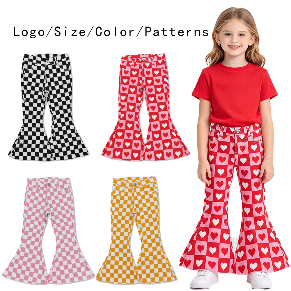 RTS NO MOQ Sibling Denim Baby Girls Checkerboard And Heart Print Flare Bell Bottom Denim Pants Button Pocket