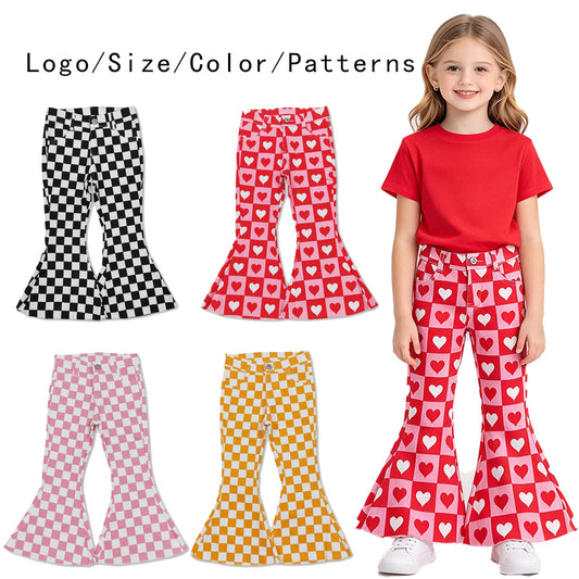 RTS NO MOQ Sibling Denim Baby Girls Checkerboard And Heart Print Flare Bell Bottom Denim Pants Button Pocket