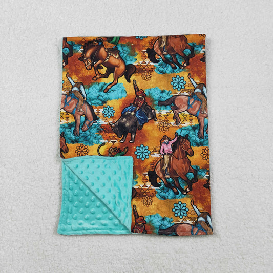 RTS NO MOQ（In Stock ) BL0163 Horse Riding Gem Brown Blue Baby Blanket