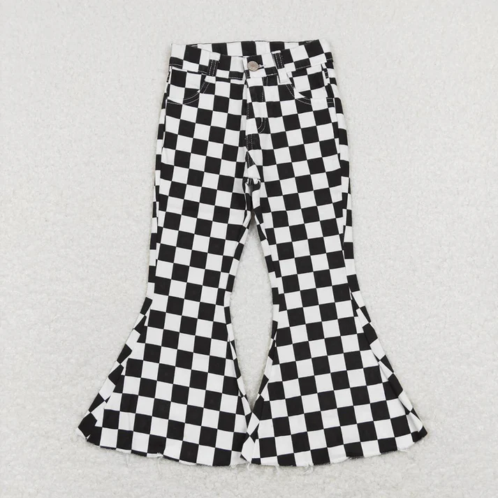 RTS NO MOQ Children's Plaid Ripped Jeans & Plaid Flared Pants