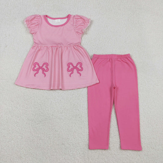 RTS NO MOQ（In Stock) Embroidered Rose Red Bow Pattern Striped Short-Sleeved Trousers Set