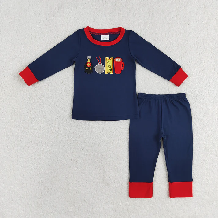 RTS NO MOQ Embroidered train-bell-card-cup pattern dark blue long-sleeved suit & adult trousers