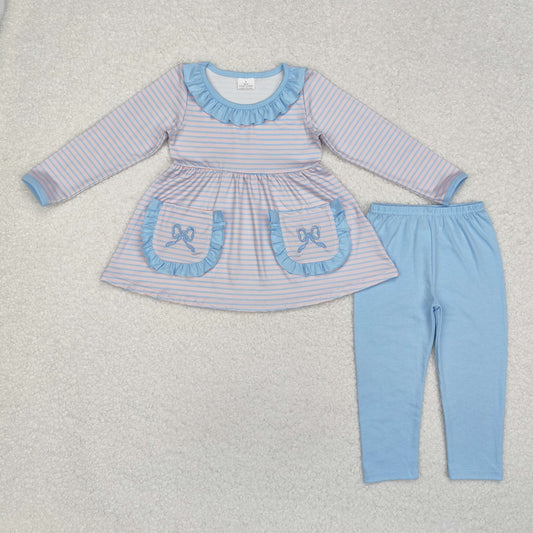 RTS NO MOQ ETA 5/7days Arrived GLP1389 Embroidered Blue Stripe Lace Bow Pattern Pocket Pink Long Sleeve Pants Set