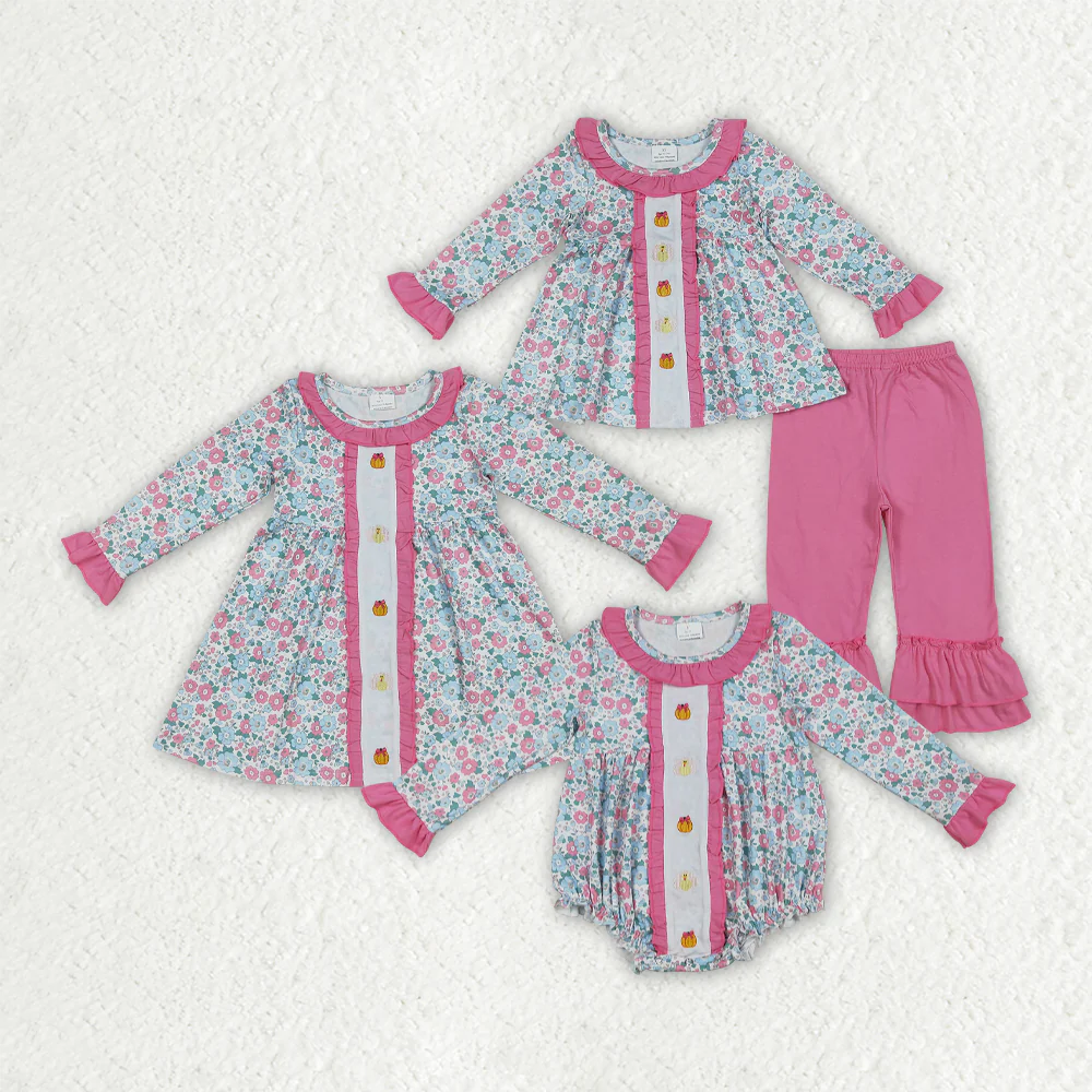 RTS Sibling baby girls clothes halloween thanksgiving embroidery long Sleeve pants sets and dress and rompers