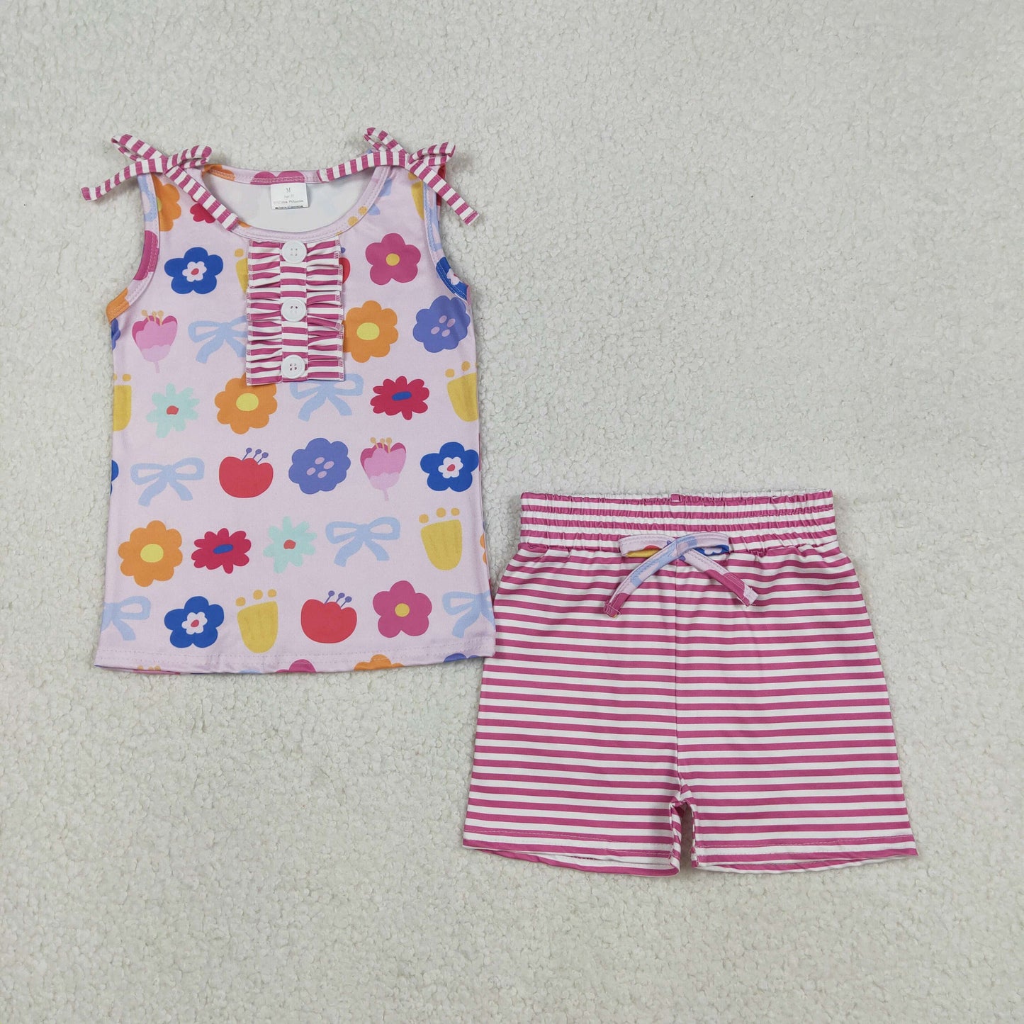 RTS NO MOQ（In Stock) Colorful floral button sleeveless pink striped shorts set
