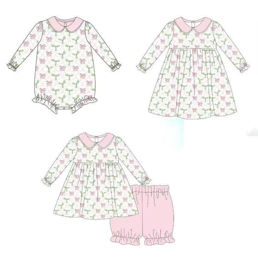 Custom moq 5 each style eta 6-7weeks baby girl clothes bow long sleeve shorts sets and romper and dress -25.7.29