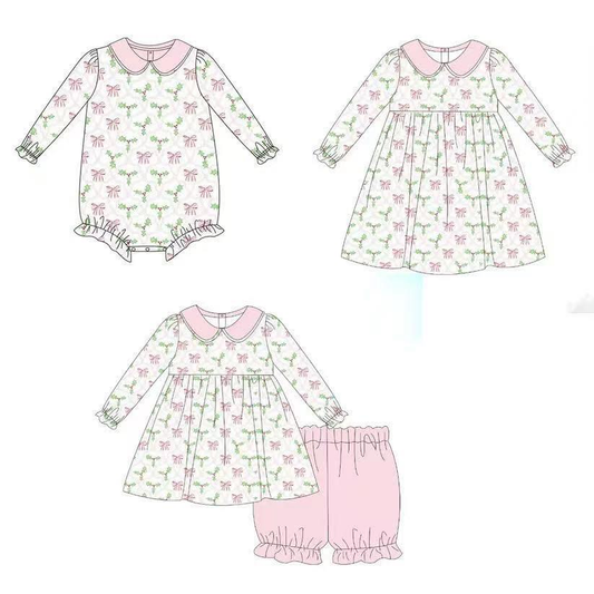 Custom moq 5 each style eta 6-7weeks baby girl clothes bow long sleeve shorts sets and romper and dress -25.7.29