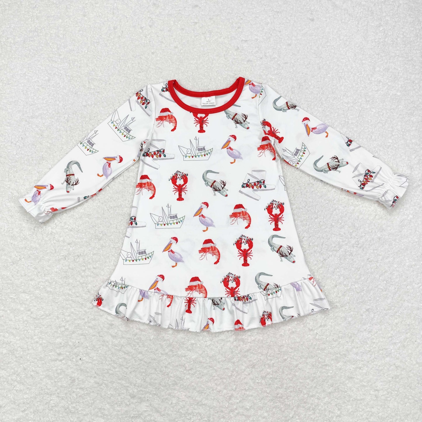 RTS NO MOQ（In Stock) GLD0687 Ship Crayfish Crocodile Red White Long Sleeve Dress