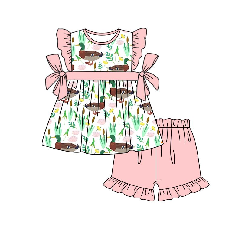 GSSO0517 Duck flower pink lace bow short-sleeved shorts suit