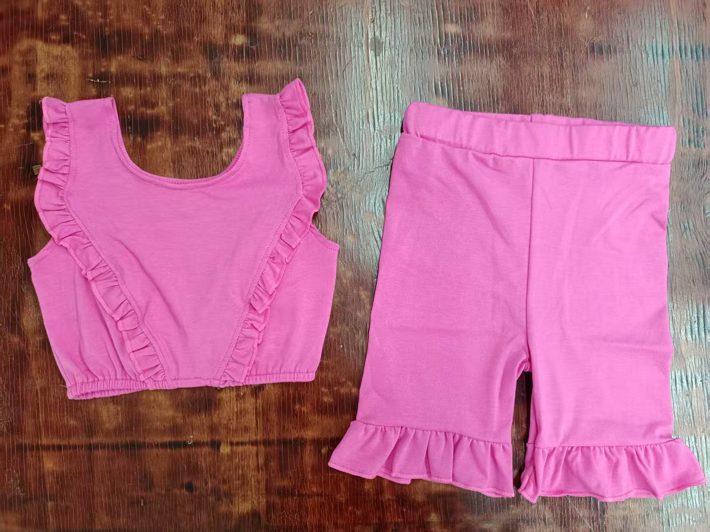 Custom moq 3 eta 6-7weeks baby girls clothes solid color lace pink sleeveless shorts sets