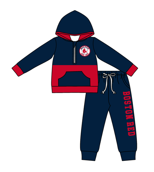 Custom moq 5 mix size eta 6-8weeks milk silk summer teams navy blue baby boy clothes hooded long sleeve pants sets-25.10.24