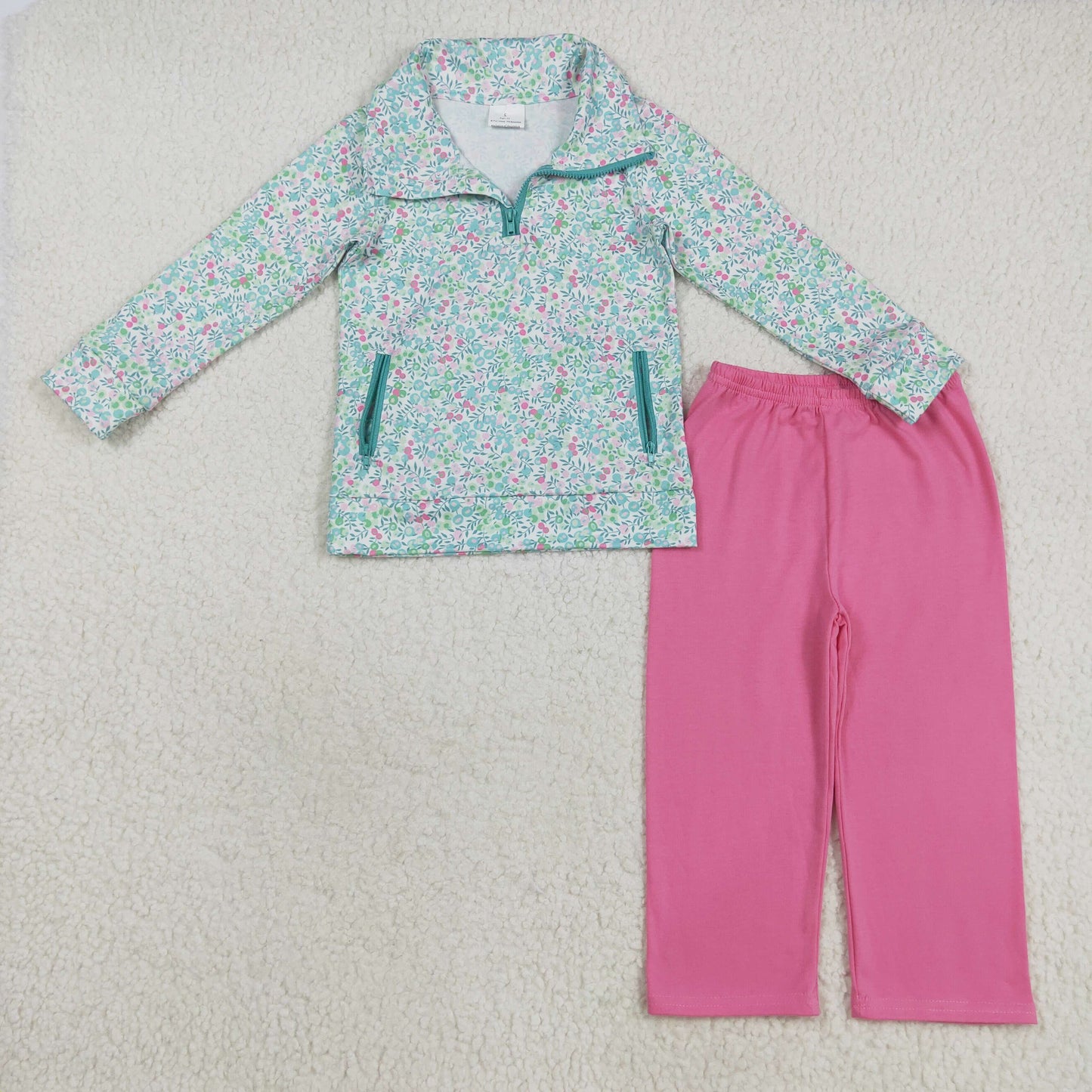 RTS NO MOQ（In Stock) GLP2414 Rose red long-sleeved zippered pantsuit with floral and leaf closure