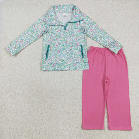 RTS NO MOQ（In Stock) GLP2414 Rose red long-sleeved zippered pantsuit with floral and leaf closure