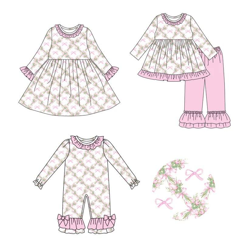 Custom moq 5 each style eta 6-7weeks baby girl clothes bow floral long sleeve pants sets and romper and dress -25.8.9