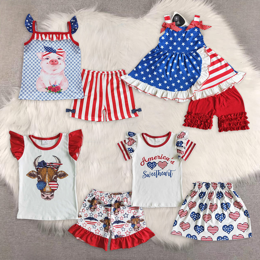 RTS NO MOQ Baby girl clothes 4th of july Short Sleeve shorts Suit