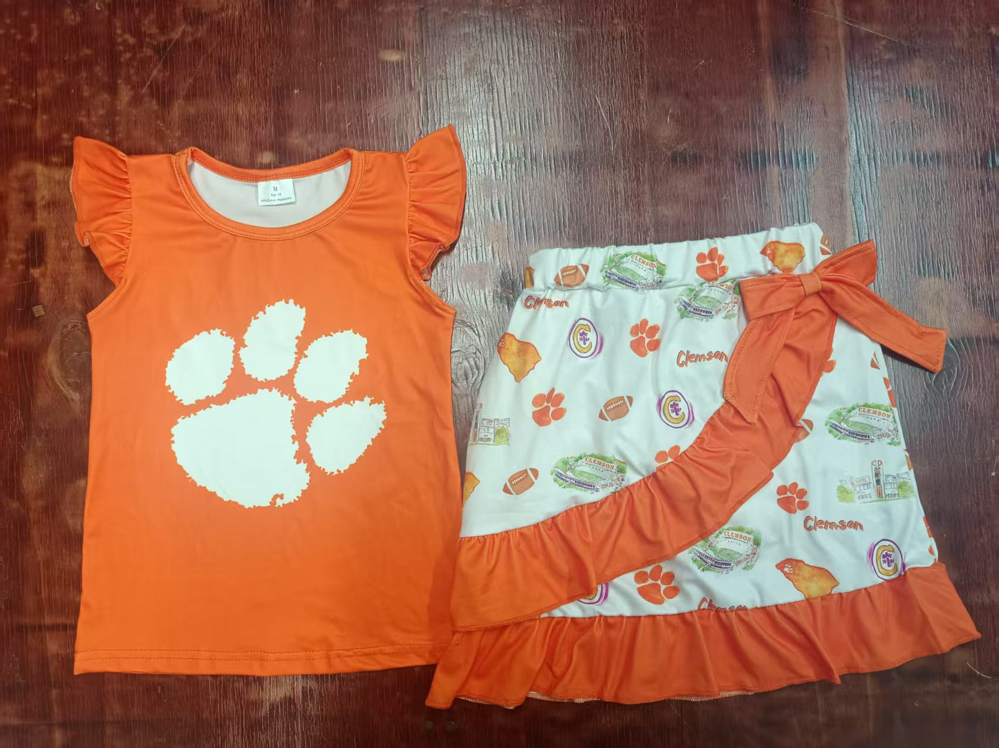 Custom moq 3 eta 6-7weeks baby girls clothes team orange flying sleeve shorts sets