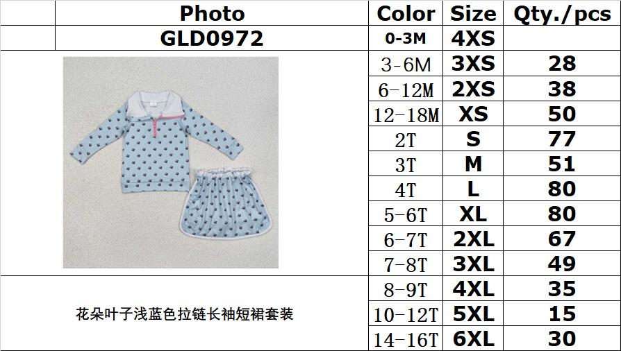 RTS NO MOQ ETA 5/7days Arrived GLD0972 Flower and leaf light blue zipper long-sleeved short skirt suit