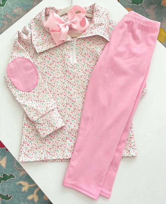 NEW RTS NO MOQ milk silk GT1145+P0821 Baby Girls Floral Print Elbow Patch Long Sleeve Top And Pink Leggings Outfit Set