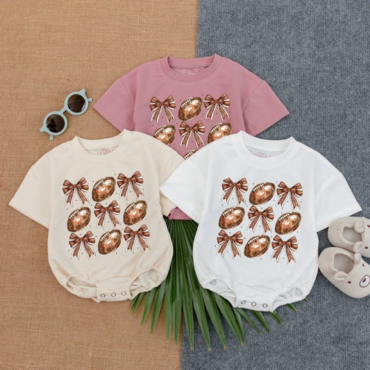 Custom moq 5 each style eta 6-7weeks baby girl clothes team rugby bow short sleeve romper 3-25.7.26