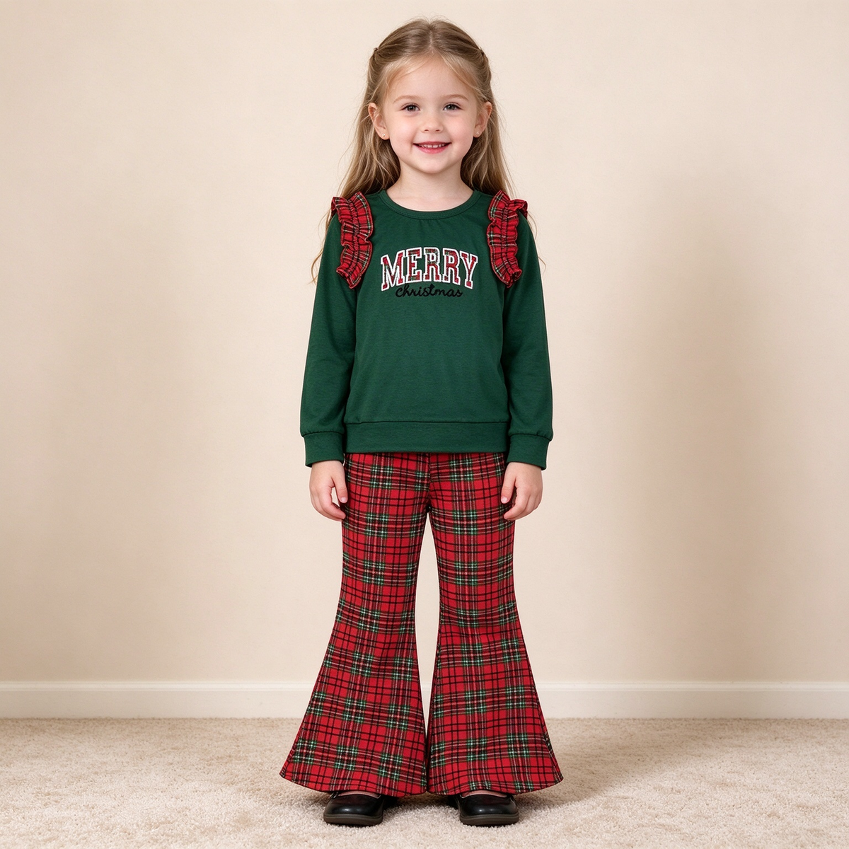NEW RTS NO MOQ milk silk GLP3595 Embroidery Baby Girls Green Red Checked Top Flare Pant Outfit