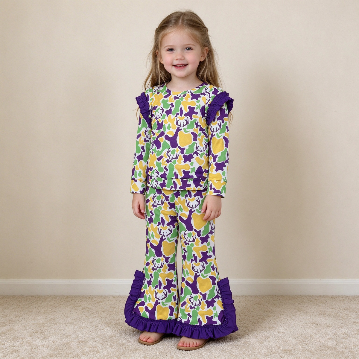 NEW RTS NO MOQ milk silk GLP3872 Baby Girls Purple Long Sleeve Deer Camo Top Bell Bottom Pant Set