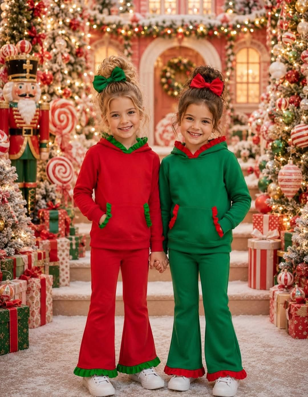 (Preorder new) No moq CHRISTMAS RUFFLE SETS Baby Girls Solid Long Sleeve Hooded Top Ruffle Hem Flare Pant Clothes Set Casual Outfit