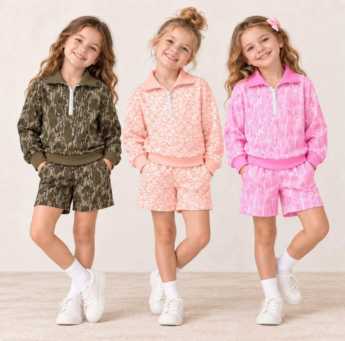 custom moq 5 mix size KIWD0103 Baby Girls Print Quarter Zip Collar Top And Pocket Shorts Outfit