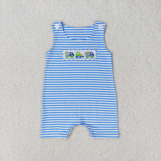 RTS NO MOQ（In Stock ) Embroidered Engineering Vehicle Blue and White Striped Sleeveless Jumpsuit