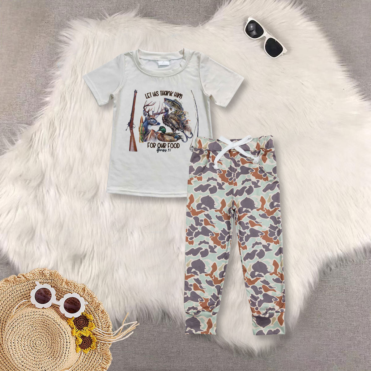 RTS NO MOQ Sibling baby boy clothes camouflage Fishing and Hunting Elk and Duck Beige Short-Sleeved Top
