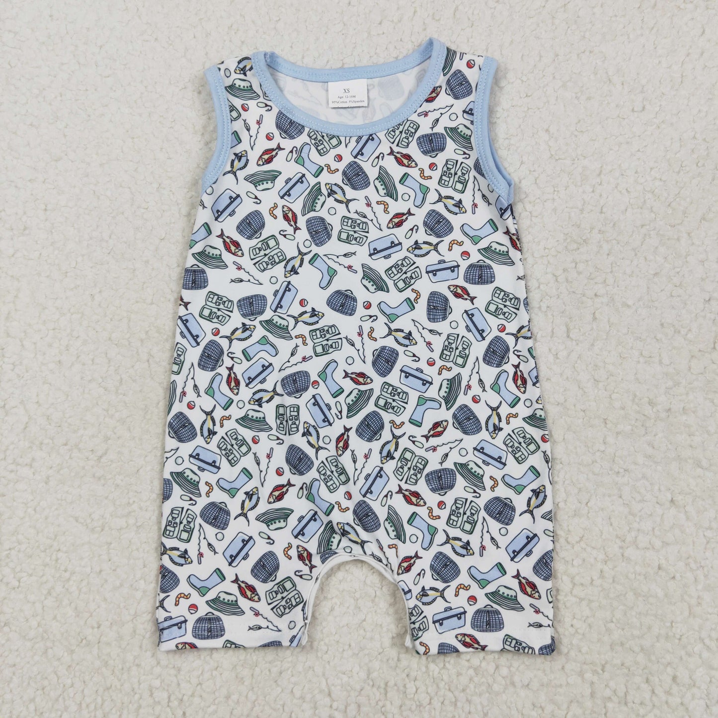 RTS NO MOQ SR2900 Fishing blue and white sleeveless jumpsuit