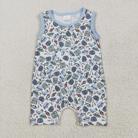 RTS NO MOQ SR2900 Fishing blue and white sleeveless jumpsuit