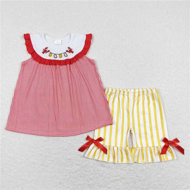 RTS NO MOQ baby girls clothes Embroidery crayfish Rompers Clothes Sets
