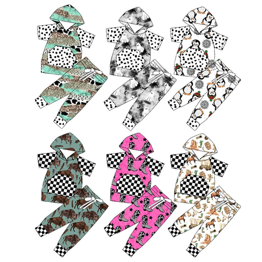 Custom moq 5 each style eta 6-7weeks baby boy clothes summer hooded short sleeve pants sets 6-25.7.24