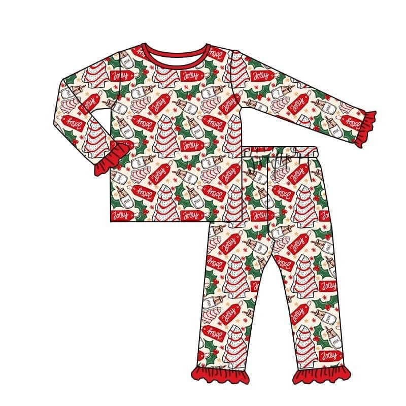 Deadline October 12 custom no moq eta 6-8weeks Children's Long Sleeve Pajama Set: Wood Stripe Christmas Tree-Milk-Bow Tie Pattern Red Ruffle Cuff Trim