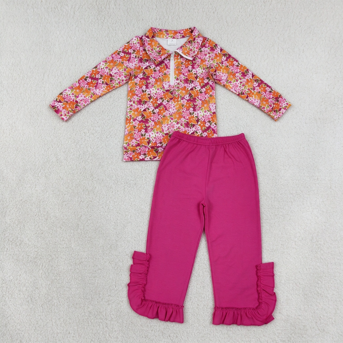 NEW RTS NO MOQ milk silk GT1652+P1161 Baby Girls Flowers Print Zip Pullovers Hot Pink Ruffle Flare Pants Bottom Outfit