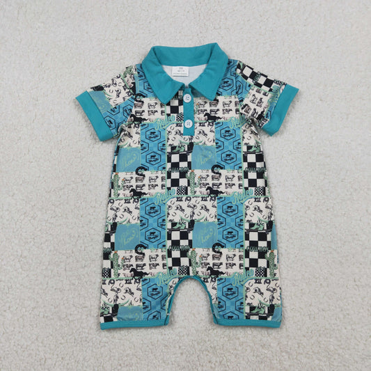 RTS NO MOQ（In Stock ) SR3723 Rodeo Letter Cactus Ride Check Button Collar Short-Sleeve Jumpsuit A