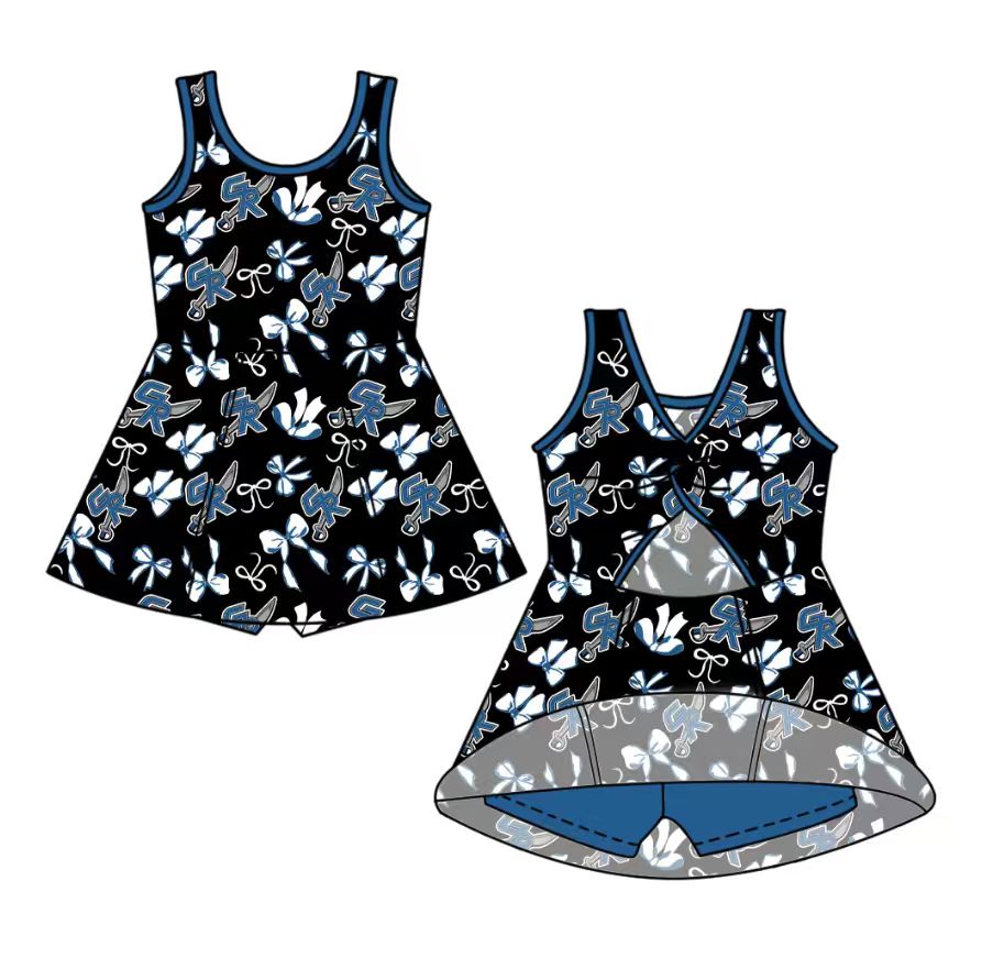 custom moq 5 mix size NB020624 Baby Girls Bow Printed Team Sleeveless Knee Skort Dresses Yoga Active Outfits